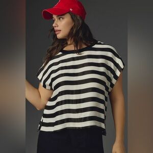 Maeve Black & White Batwing Button-Back Tee, size Large